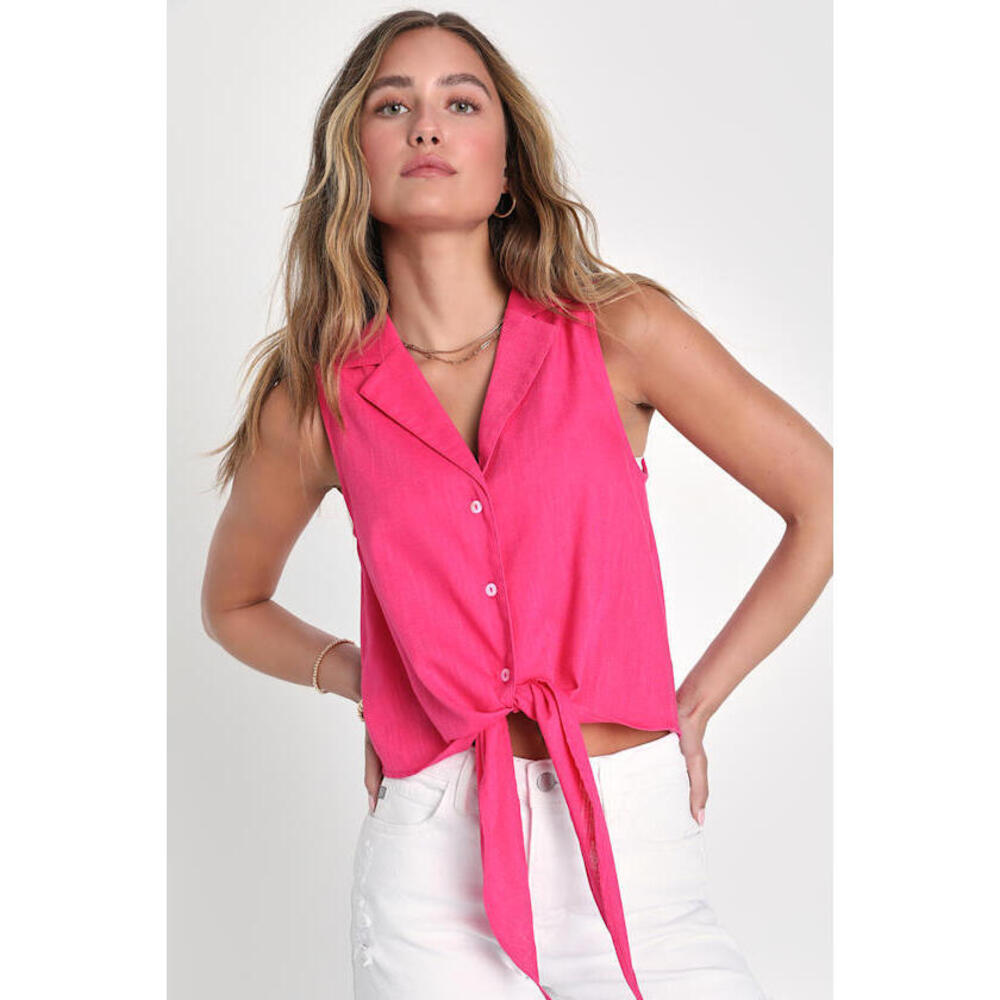 Lulus Napa Valley Views Hot Pink Collared Button-up Tie-front Top - Size S